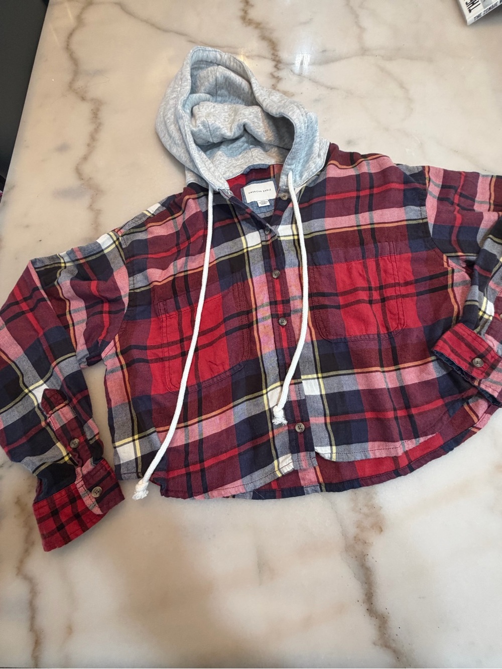 American Eagle Outfitters Red and Navy Plaid Hooded Button-Down Shirt